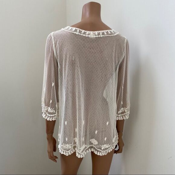 SUNDANCE ivory embroidered mesh sheer top XS - Picture 5 of 8
